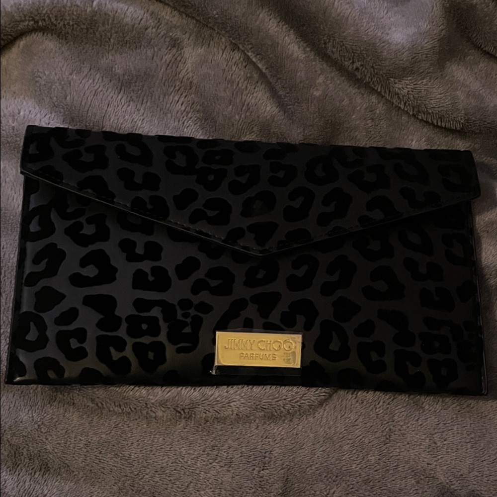 Jimmy Choo Black Leopard Clutch with matching keychain